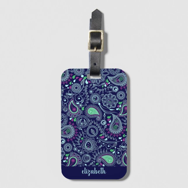 Étiquette À Bagage Motif Doodle Paisley Bleu foncé (Devant Vertical)