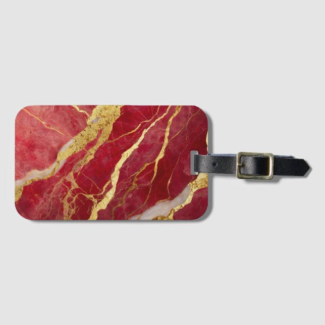 Étiquette À Bagage Motif en marbre rouge avec or (Devant Horizontal)