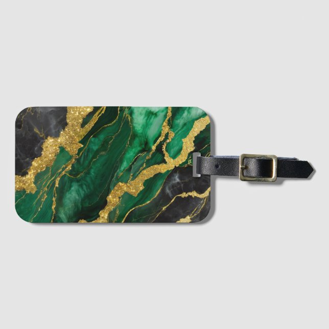 Étiquette À Bagage Motif en marbre vert avec or (Devant Horizontal)