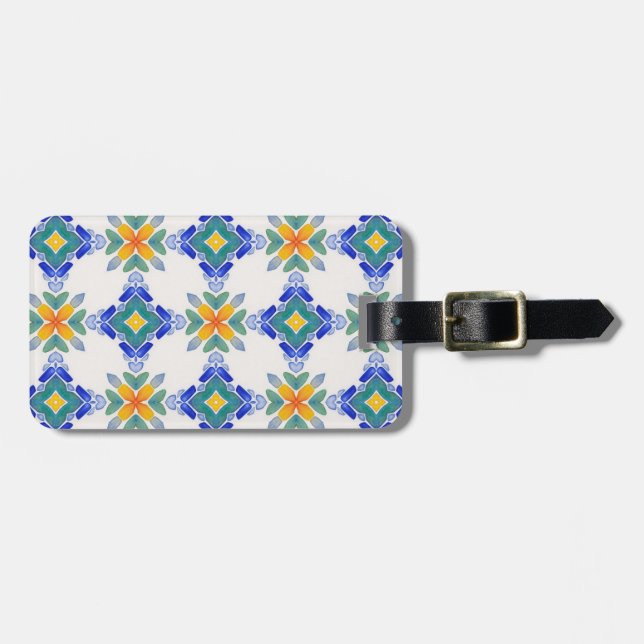 Étiquette À Bagage Motif en mosaïque blanche orange bleu vert (Devant horizontal)