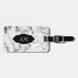 Étiquette À Bagage Motif en pierre de marbre blanc noir monogramme