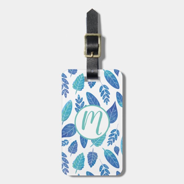 Étiquette À Bagage Motif Feuille bleu aquarelle (Devant Vertical)