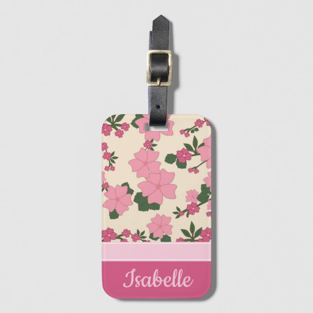 Étiquette À Bagage Motif Fleur Rose Cute Girly Personnalisé (Devant Vertical)