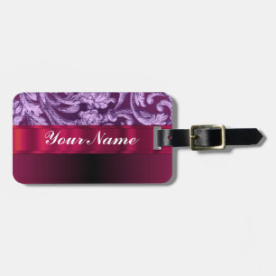 Étiquette À Bagage Motif floral damassé mauve sur magenta