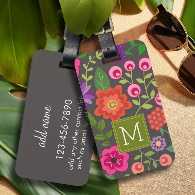 Étiquette À Bagage Motif floral gris tendance avec Monogramme personn (Personalized luggage tag with monogram - contact info on back)