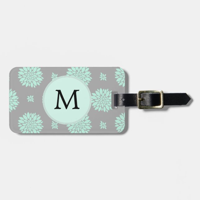 Étiquette À Bagage Motif floral monographique personnalisé et gris (Devant horizontal)