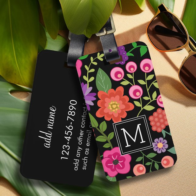 Étiquette À Bagage Motif floral noir tendance avec Monogramme personn (Personalized luggage tag with retro flower pattern and monogram - add contact information on back)