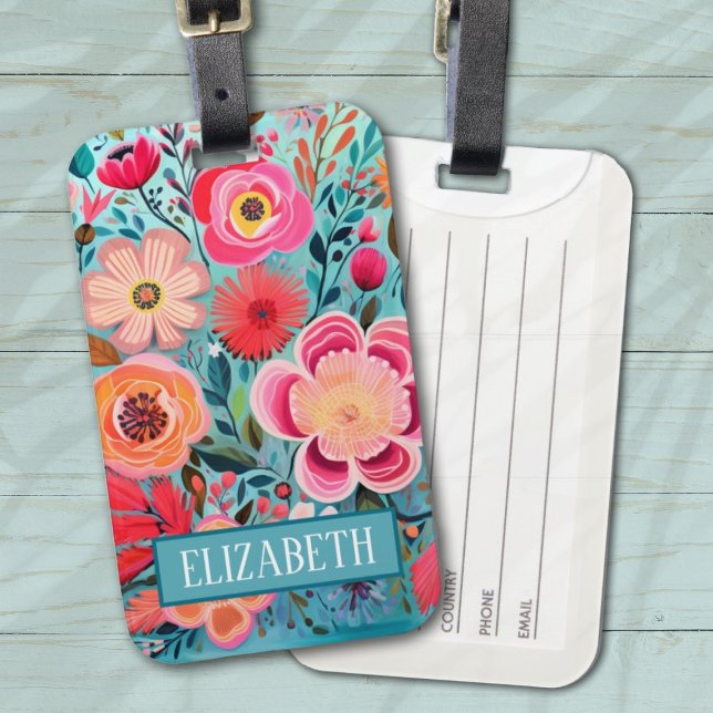 Étiquette À Bagage Motif Floral Stylé Monogramme (A pretty bright floral monogram luggage tag. Personalize it with your name.)