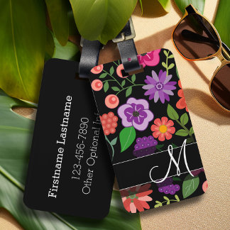 Étiquette À Bagage Motif floral tendance Hot rose et noir Monogramme