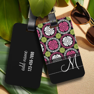 Étiquette À Bagage Motif floral tendance Hot rose et noir Monogramme