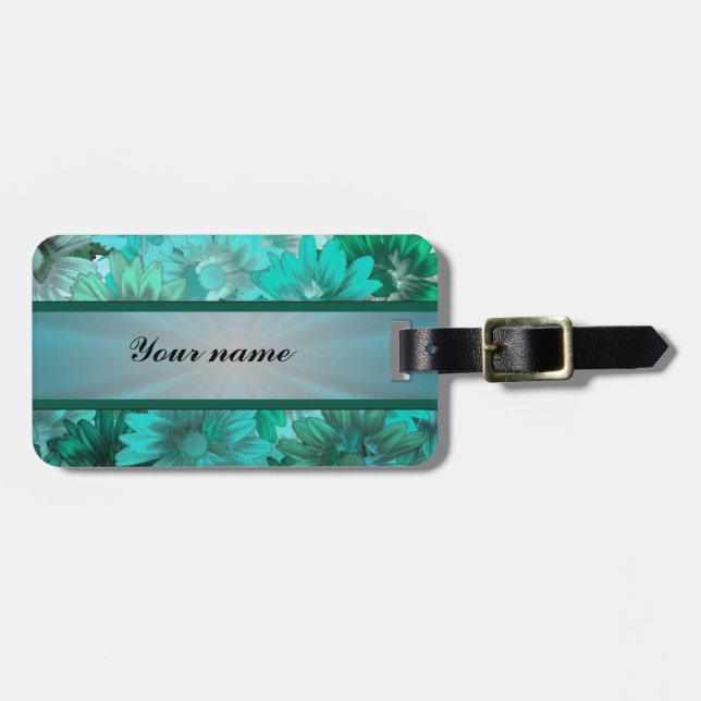 Étiquette À Bagage Motif floral vert turquoise (Devant horizontal)
