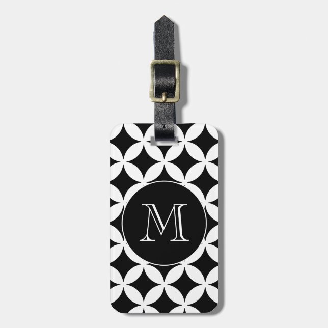 Étiquette À Bagage Motif géométrique blanc noir Monogramme personnali (Devant Vertical)