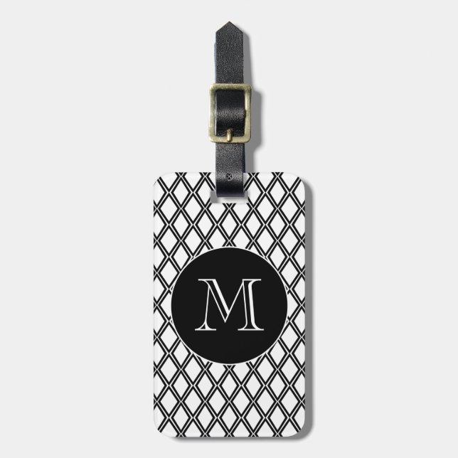 Étiquette À Bagage Motif géométrique blanc noir Monogramme personnali (Devant Vertical)