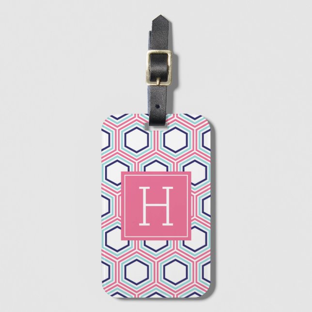 Étiquette À Bagage Motif géométrique rose et bleu Monogramme (Devant Vertical)