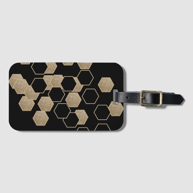 Étiquette À Bagage motif hexagone élégant géométrique noir et or (Devant Horizontal)