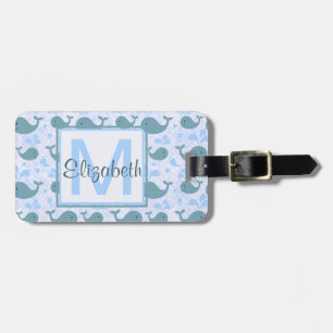 Étiquette À Bagage Motif mignon de monogramme de baleines bleues