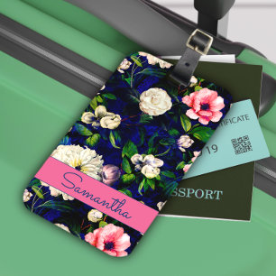 Étiquette À Bagage Motif monogramme bleu fleuri rose
