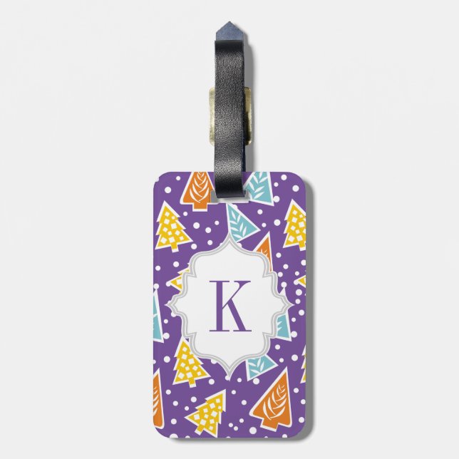 Étiquette À Bagage Motif, monogramme des arbres de Noël violets (Dos Vertical)