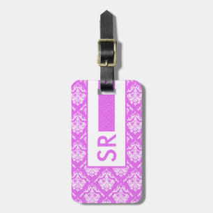 Étiquette À Bagage Motif Monogramme Hot Rose Et Blanc Damas