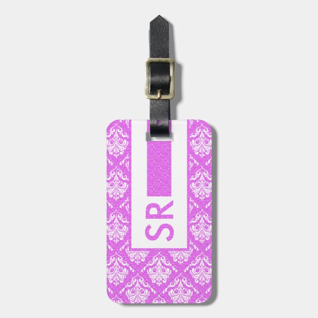 Étiquette À Bagage Motif Monogramme Hot Rose Et Blanc Damas (Devant Vertical)