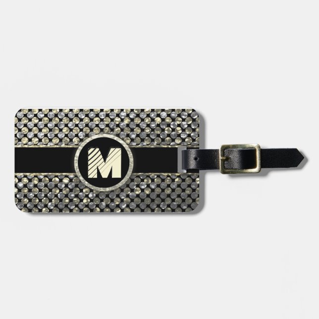 Étiquette À Bagage Motif Monogramme moderne en or et noir (Devant horizontal)