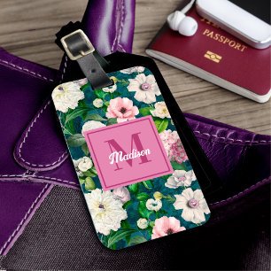 Étiquette À Bagage Motif monogramme vert fleuri et rose