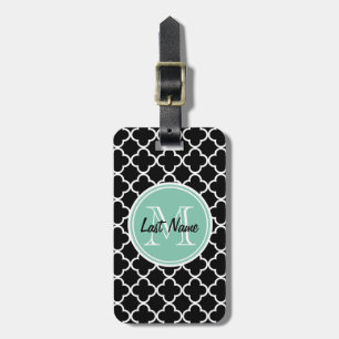 Étiquette À Bagage Motif noir de Quatrefoil, monogramme vert en bon