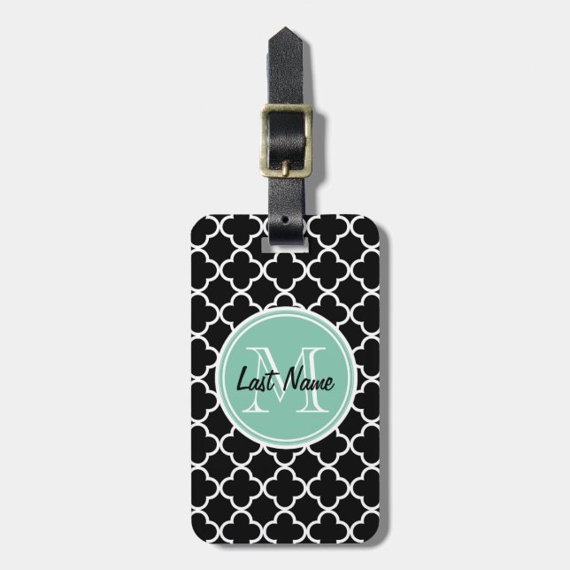 Étiquette À Bagage Motif noir de Quatrefoil, monogramme vert en bon (Devant Vertical)