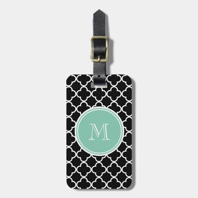 Étiquette À Bagage Motif noir de Quatrefoil, monogramme vert en bon (Devant Vertical)