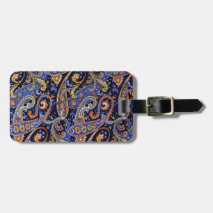 Étiquette À Bagage Motif Paisley Bohème Navy et Orange Vibrant