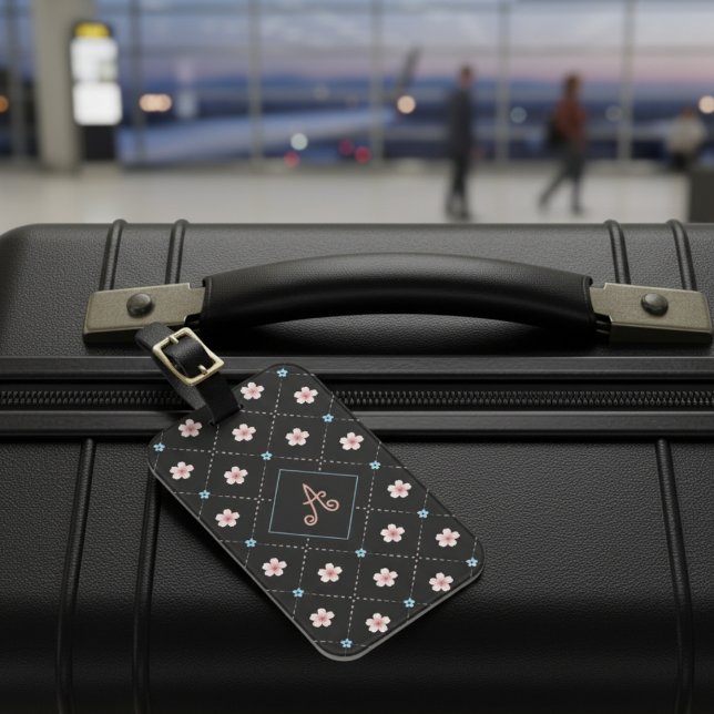 Étiquette À Bagage Motif Plaid Rose Et Bleu Sur Noir (Créateur téléchargé)