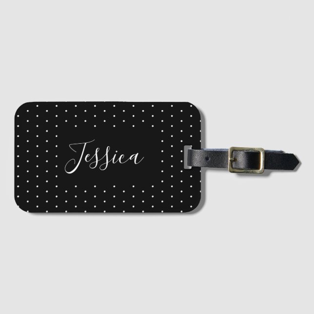 Étiquette À Bagage Motif Pois minuscule noir et blanc Preppy (Devant Horizontal)