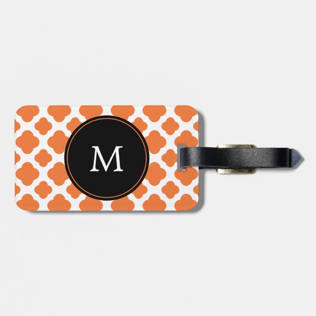 Étiquette À Bagage Motif Quatrefoil orange et blanc monogramme (Dos horizontal)