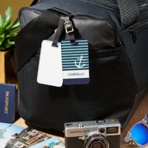 Étiquette À Bagage Motif rayé turquoise aqua nautique personnalisé