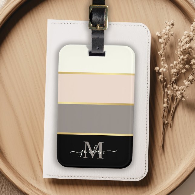 Étiquette À Bagage Motif rayures féminines élégantes avec monogramme (Créateur téléchargé)