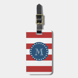 Étiquette À Bagage Motif Red White Stripes, Monogramme bleu marine