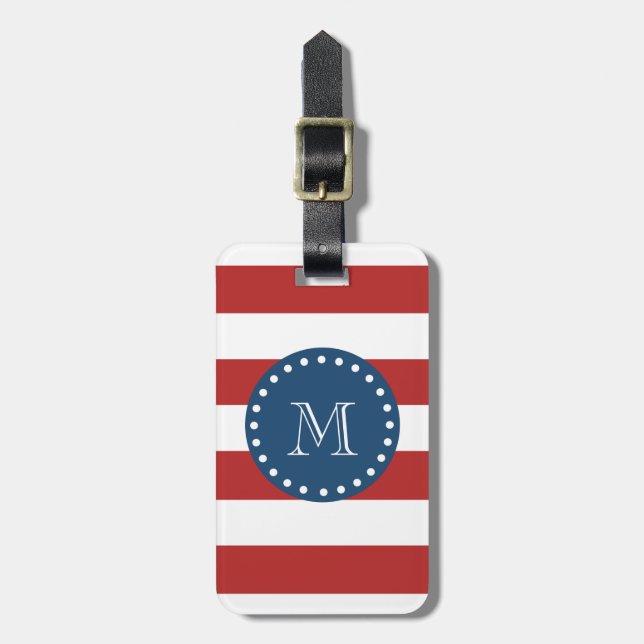 Étiquette À Bagage Motif Red White Stripes, Monogramme bleu marine (Devant Vertical)