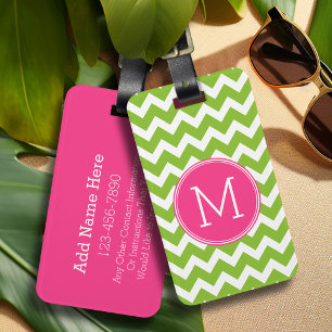 Étiquette À Bagage Motif rose et vert Chevron avec Monogramme