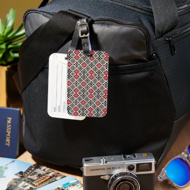 Étiquette À Bagage Motif rouge noir blanc géométrique folk (Recto & Verso)