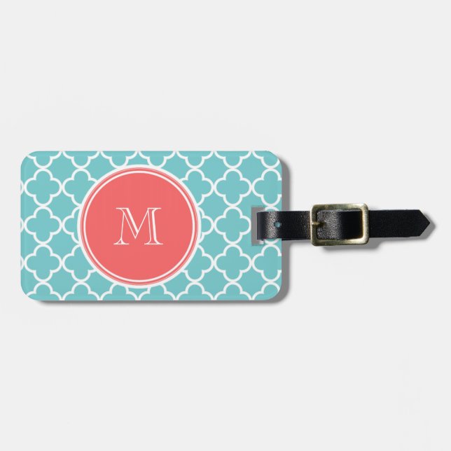Étiquette À Bagage Motif turquoise de Quatrefoil, monogramme de (Devant horizontal)
