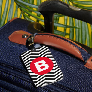 Étiquette À Bagage Motif Zig Zag Noir et Blanc Monogramme Rouge