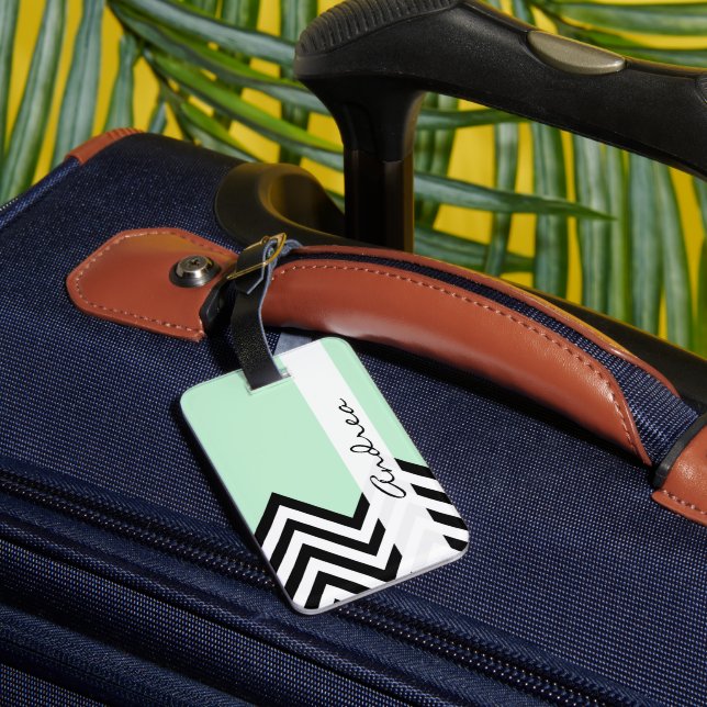 Étiquette À Bagage Motif Zigzag noir et blanc, Vert, Votre nom (Verso Insitu 3)