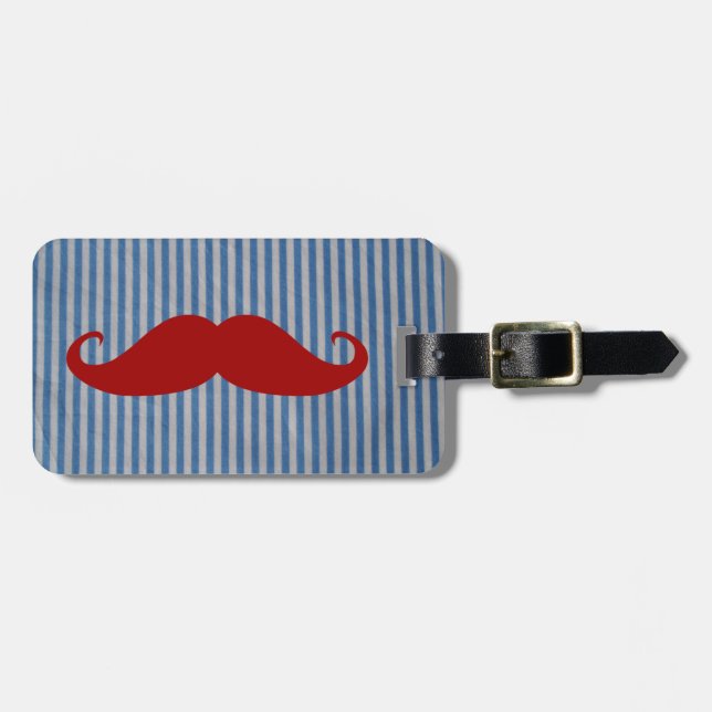Étiquette À Bagage Moustache rouge drôle et rayures blanches bleues (Devant horizontal)