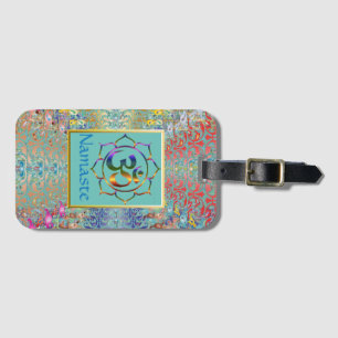 Étiquette À Bagage Namaste Aum Om & Lotus avec bordure Vintage arc-en