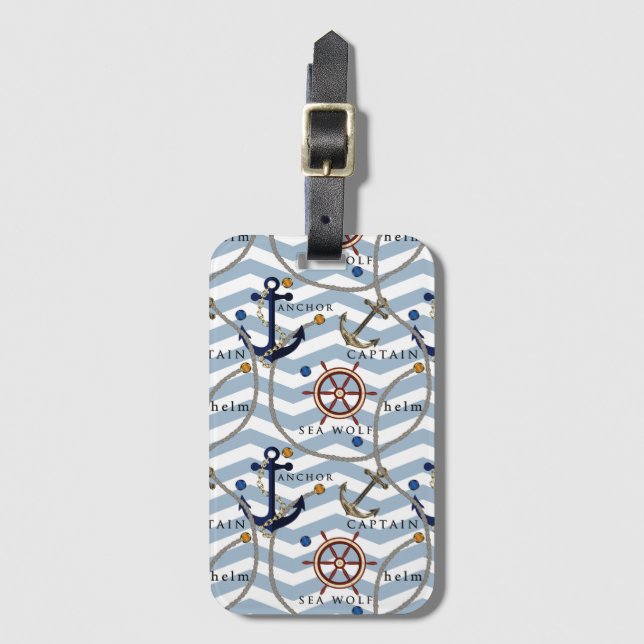Étiquette À Bagage Nautical anchor rudder blue white stripe zigzag (Devant Vertical)