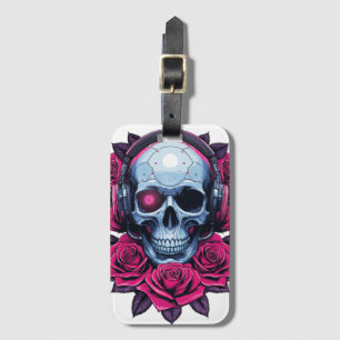 Étiquette À Bagage Neon Cyber-mort crâne et Rose blanc