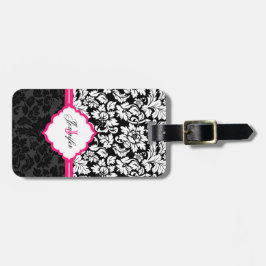 Étiquette À Bagage Noir blanc et rose Vintage Damas florales