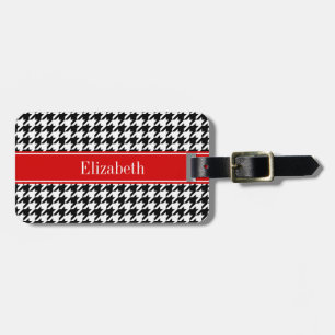 Étiquette À Bagage Noir Blanc Houndstooth Nom rouge Monogramme