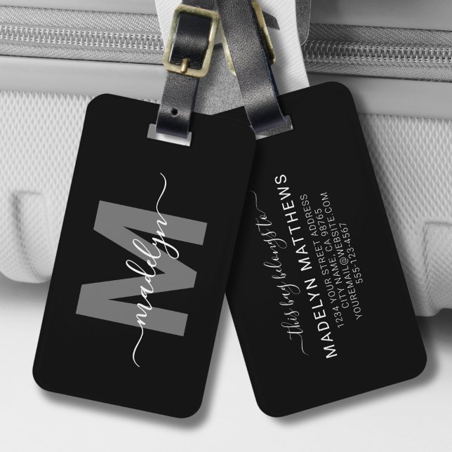 Étiquette À Bagage Noir Blanc Initial Nom Monogramme (Modern Black White Initial Name Monogram Luggage Tag )