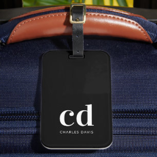 Étiquette À Bagage Noir blanc initiales monogramme élégant moderne